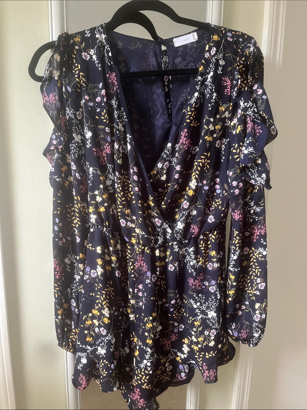 Lush Navy Floral Wrap Romper with Ruffle Sleeves
